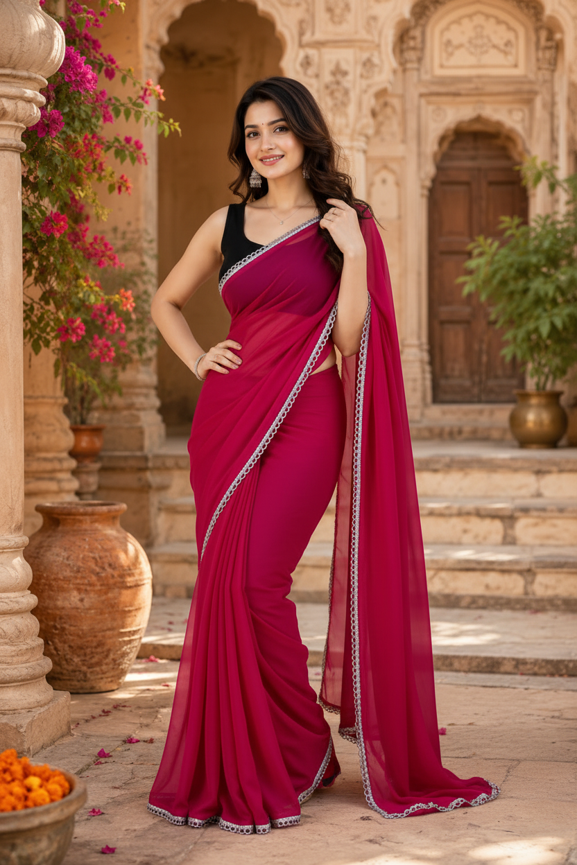 Star Georgette Ready To Wear Saree With Unstitched Blouse(Red)