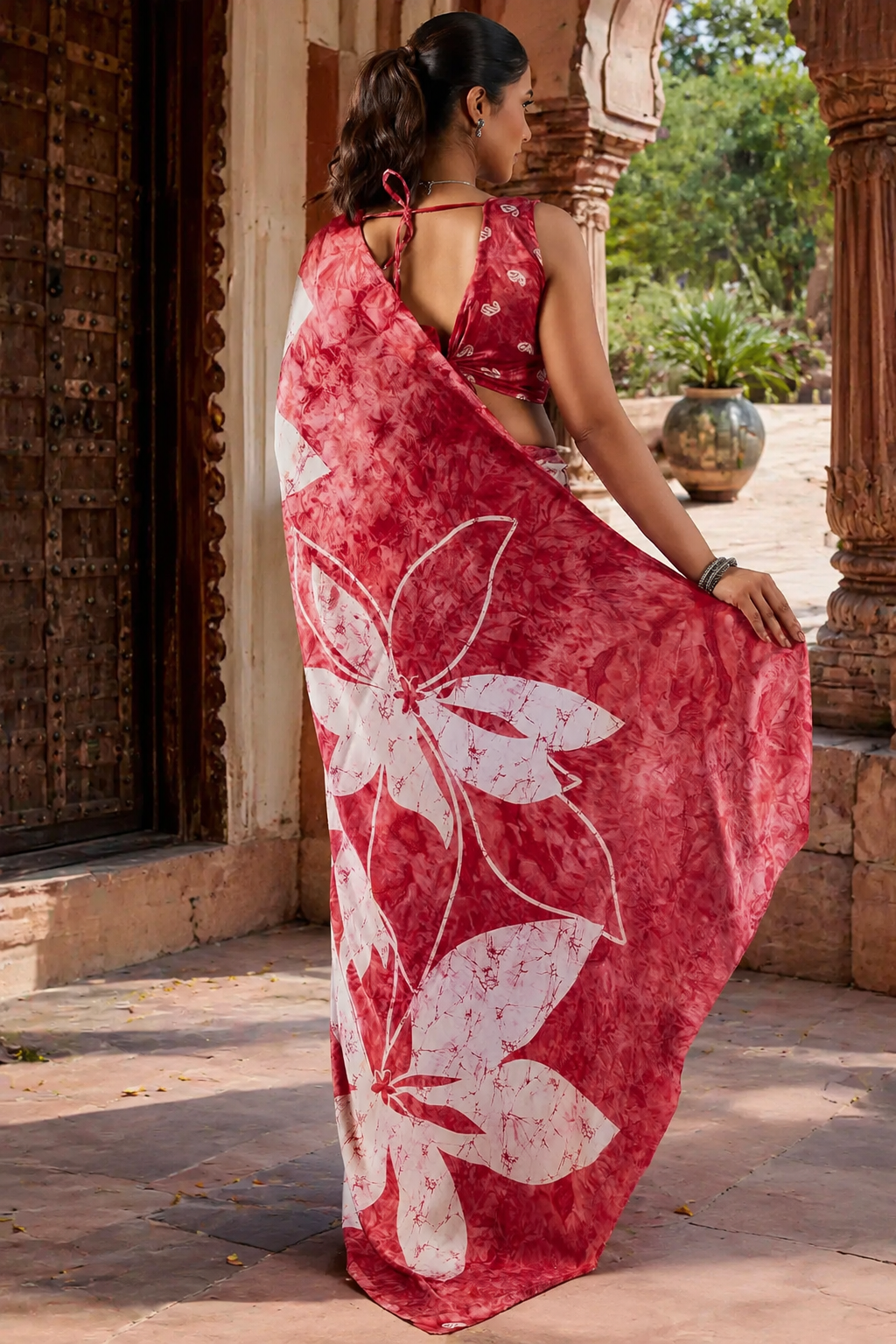 Satin Silk Ajrakh Printed Saree With Unstitched Blouse(Red)