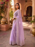 Soft Organza Embroidered Work Saree With Unstitched Blouse(Violet)