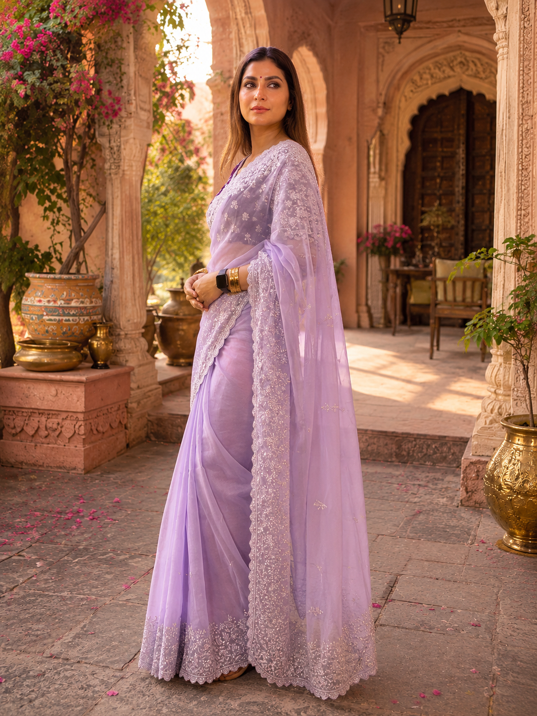 Soft Organza Embroidered Work Saree With Unstitched Blouse(Violet)