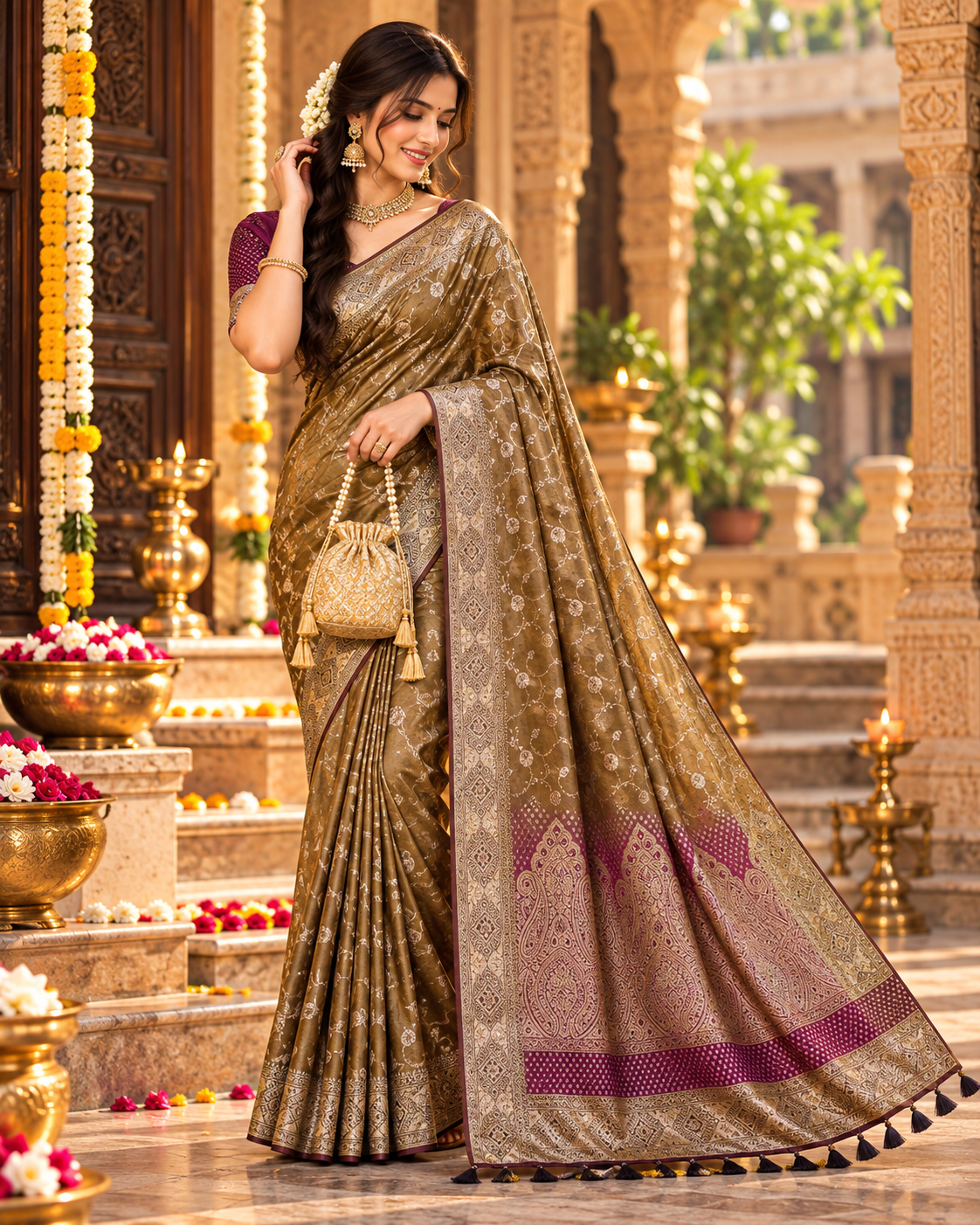 Premium Satin Silk Zari Weaving Border Saree With Unstitched Blouse(Magenta)