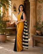 Satin Silk Printed Saree With Unstitched Blouse(Yellow)