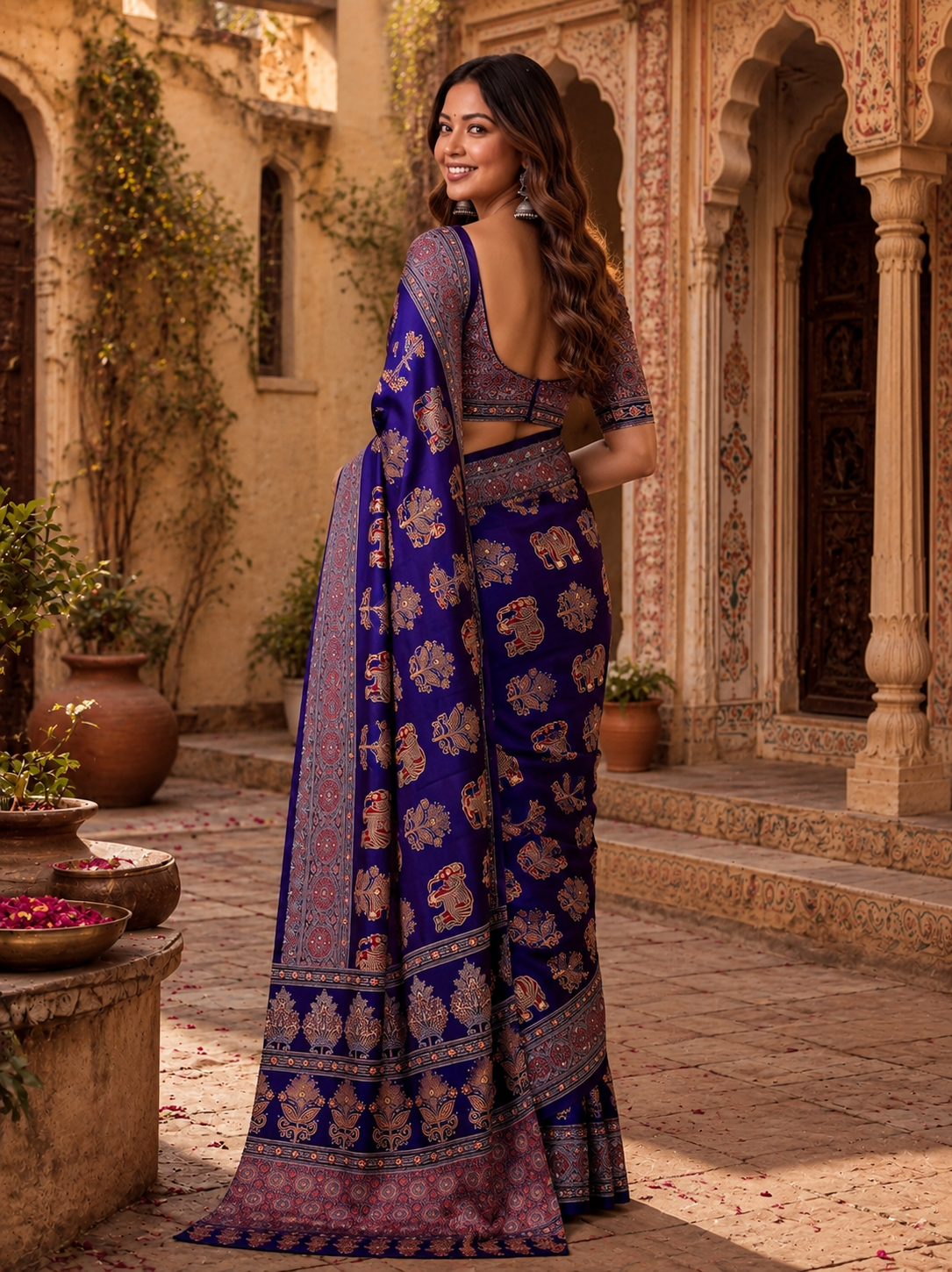 Crepe Silk Ajrakh Printed Saree With Unstitched Blouse(Blue)