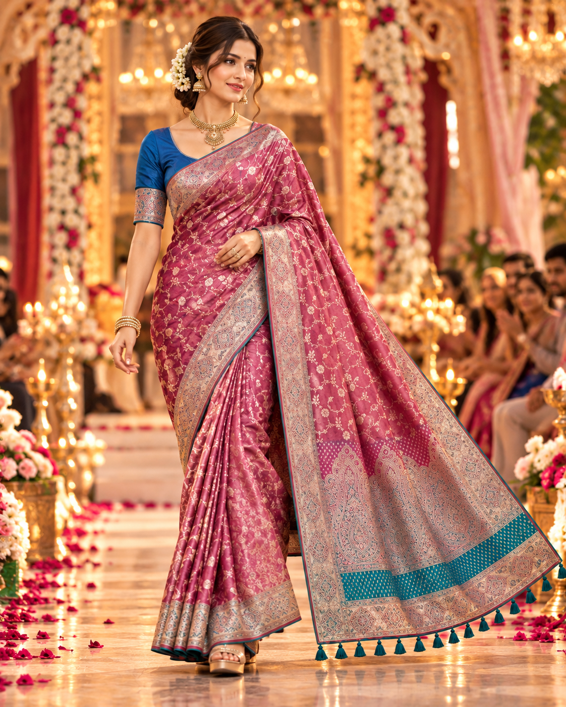Premium Satin Silk Zari Weaving Border Saree With Unstitched Blouse(Magenta)