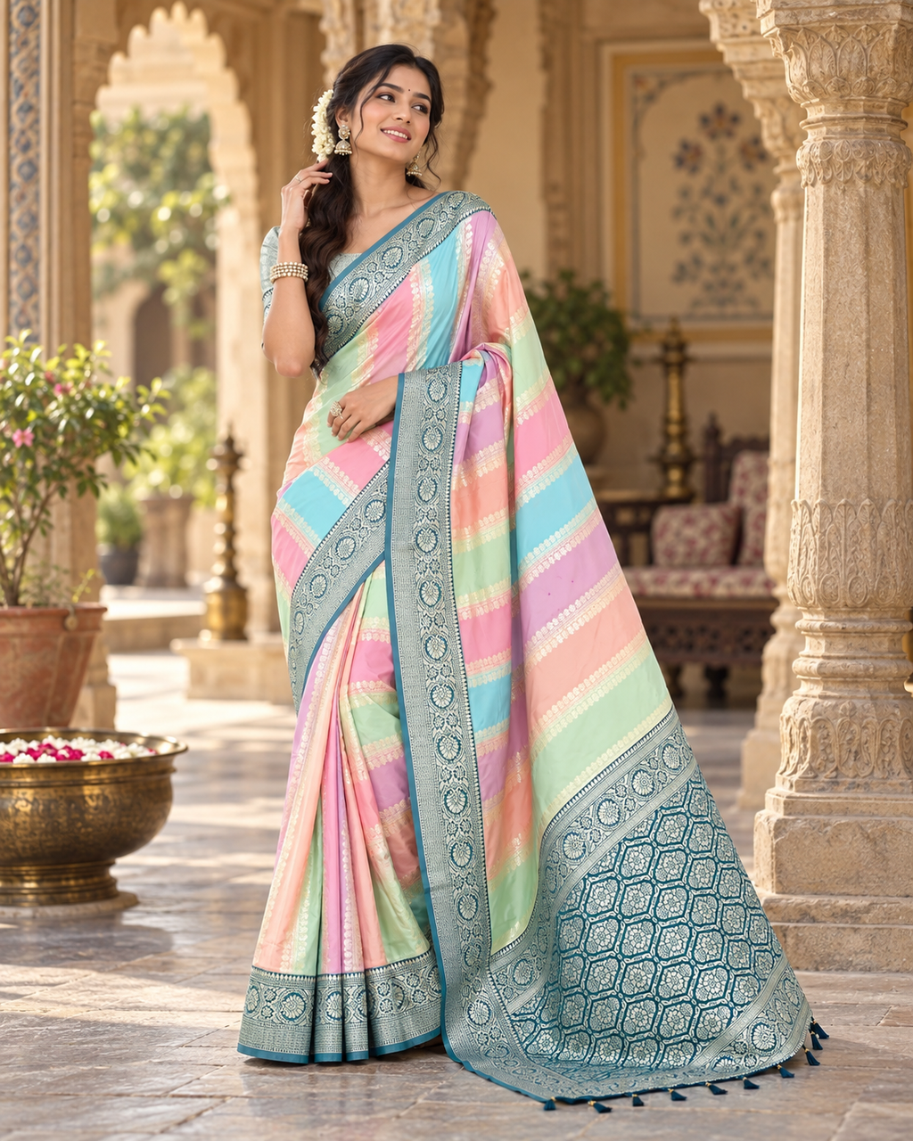 Soft Banarasi Silk Designer Saree With Unstitched Blouse(Blue)