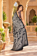 Premium Tussar Silk kalamkari Print Saree With Unstitched Blouse(Black)
