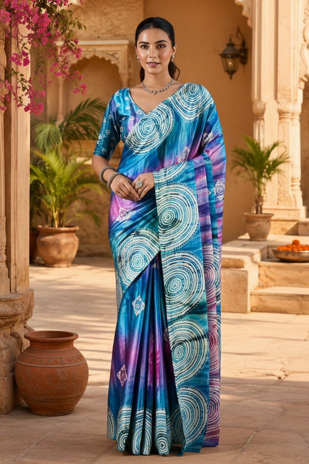 Satin Silk Ajrakh Printed Saree With Unstitched Blouse(SkyBlue)