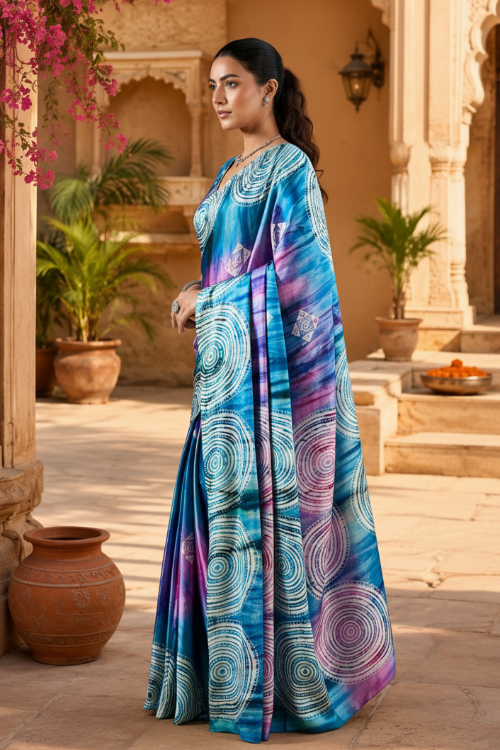 Satin Silk Ajrakh Printed Saree With Unstitched Blouse(SkyBlue)
