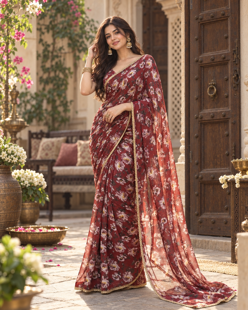 Georgette Digital Print Saree With Unstitched Blouse(Maroon)