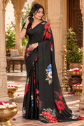 Satin Silk Printed Saree With Unstitched Blouse(Black)