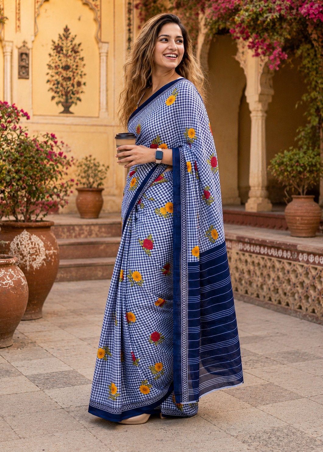 Soft Pure Mulmul Cotton Printed Saree With Unstitched Blouse(Blue)