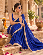 Satin Silk Golden Lace Border Work Saree With Unstitched Blouse(Blue)