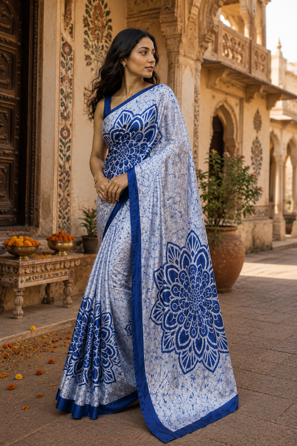 Satin Silk Printed Saree With Unstitched Blouse(Grey)