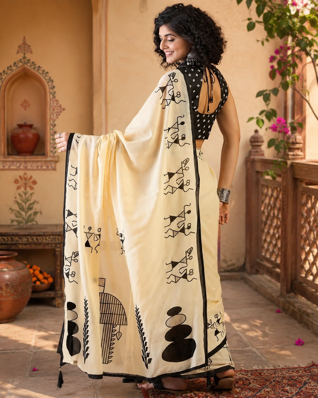 Mulmul Cotton Bagru- Printed Saree With Unstitched Blouse(Cream)