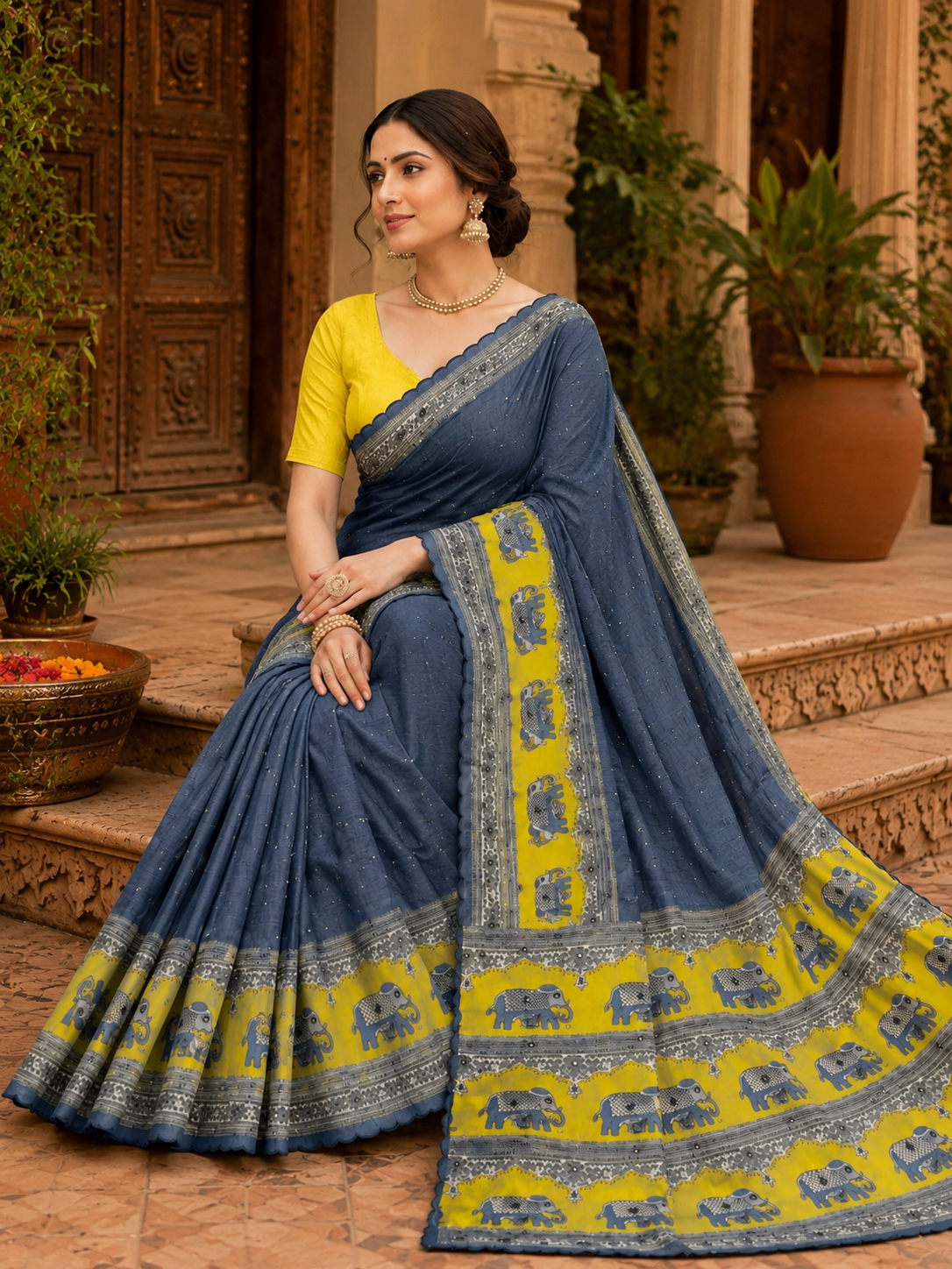 Linen Printed Saree With Unstitched Blouse(Blue)