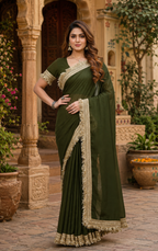 Georgette Lace Border Saree With Unstitched Blouse(Green)