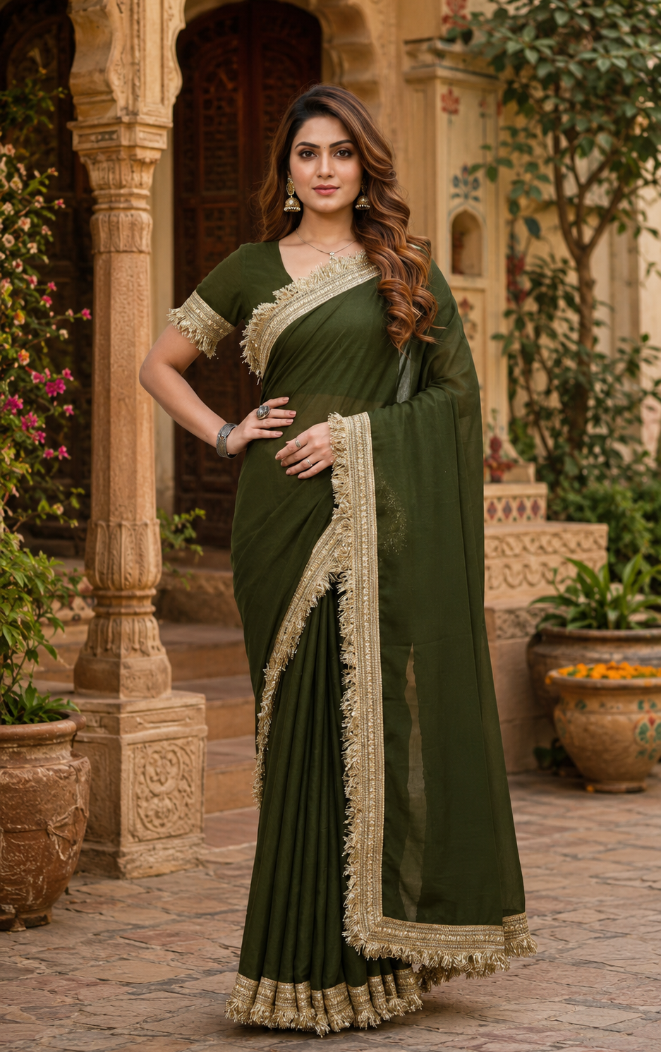 Georgette Lace Border Saree With Unstitched Blouse(Green)