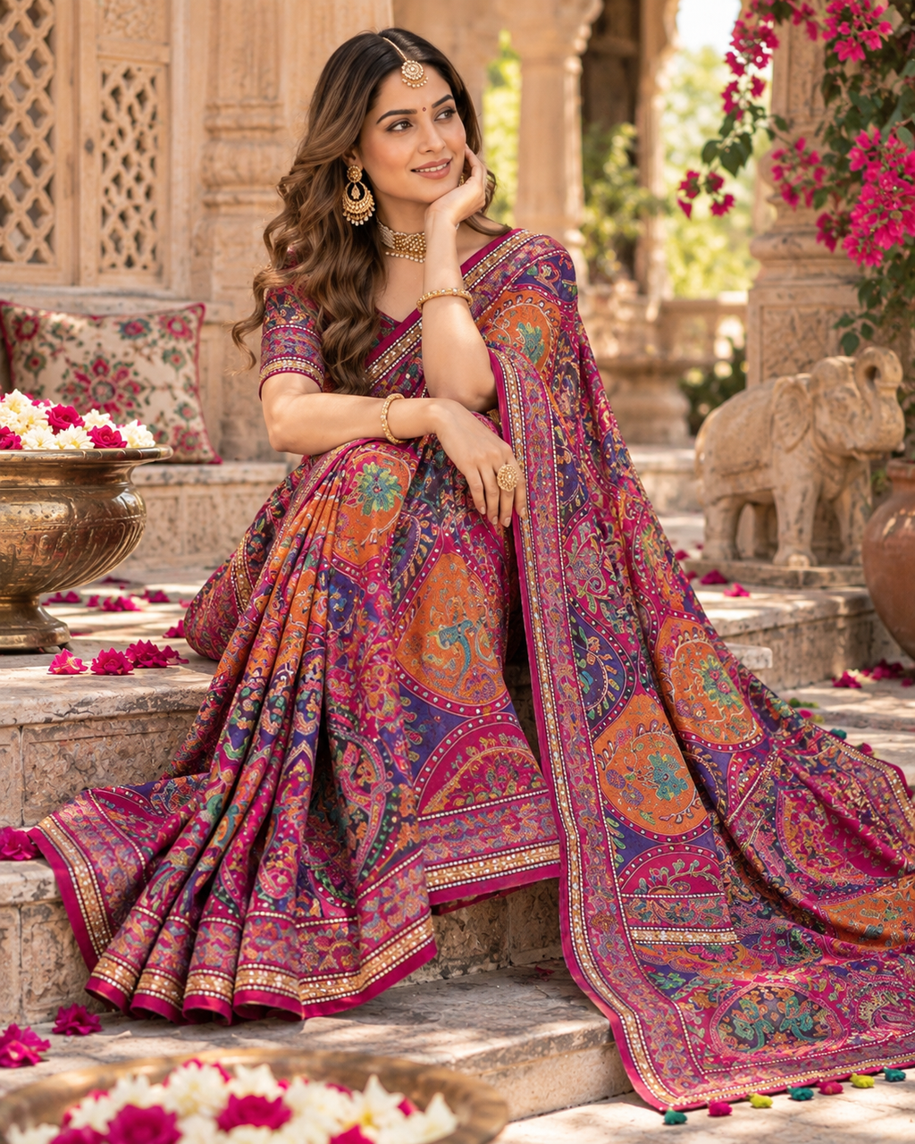 Premium Soft Chinnon Silk Mirror  Work With Unstitched Blouse (Pink)
