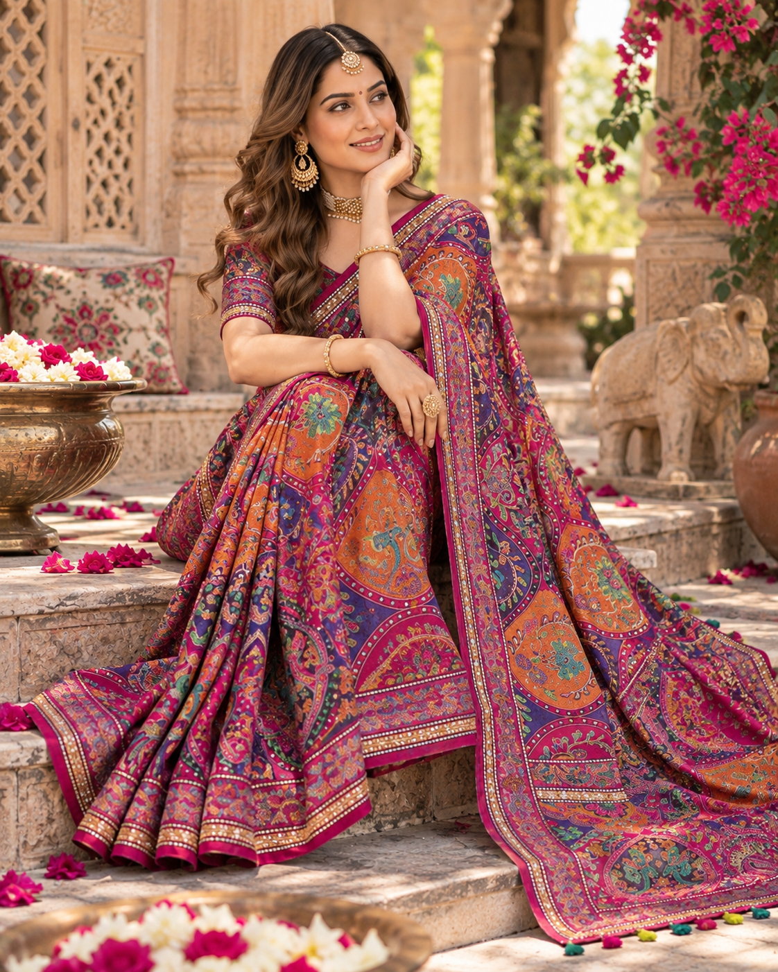 Premium Soft Chinnon Silk Mirror  Work With Unstitched Blouse (Pink)
