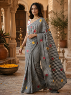 Linen Flora Chex Printed Saree With Unstitched Blouse(Grey)