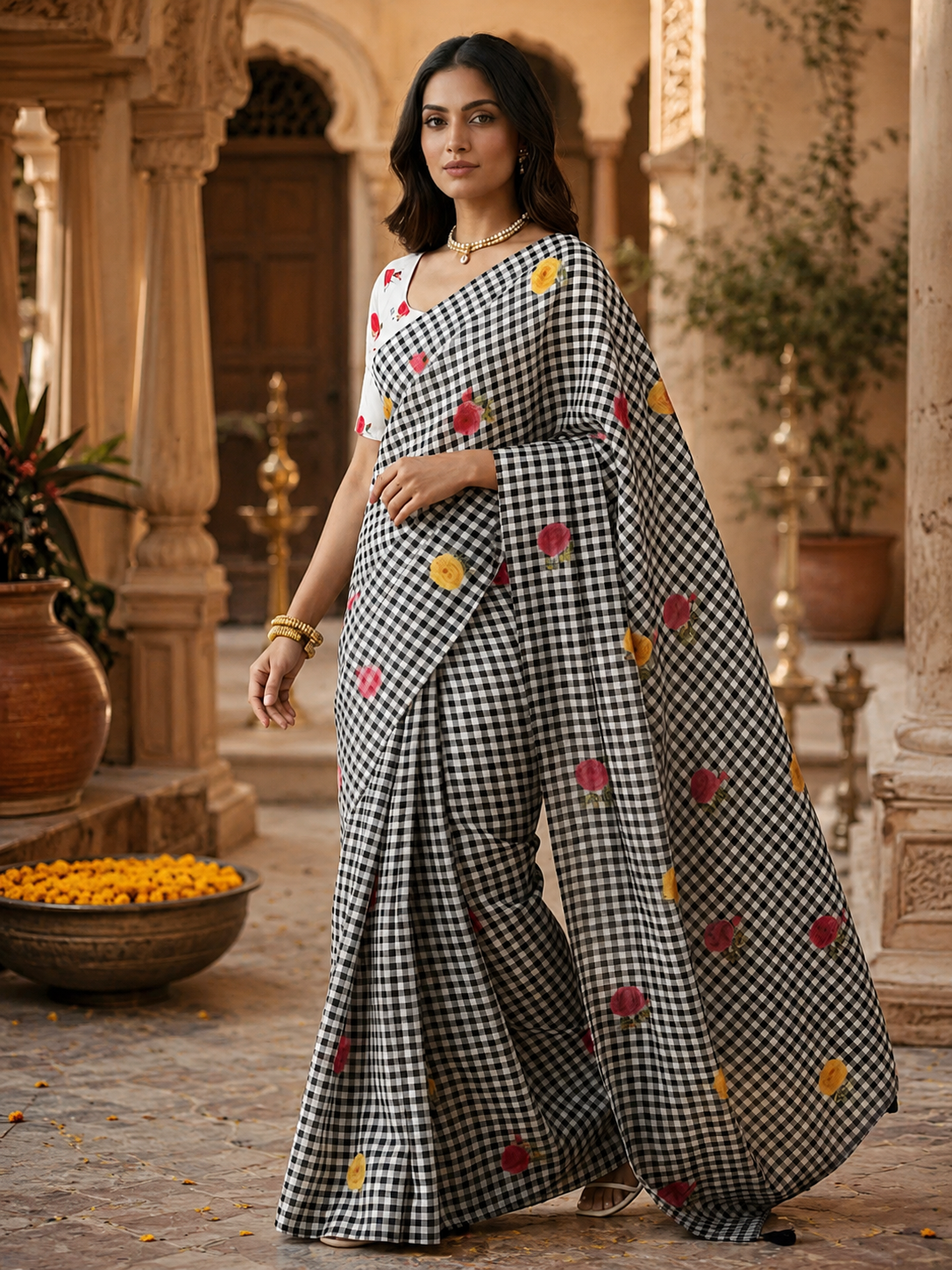 Linen Flora Chex Printed Saree With Unstitched Blouse(Grey)