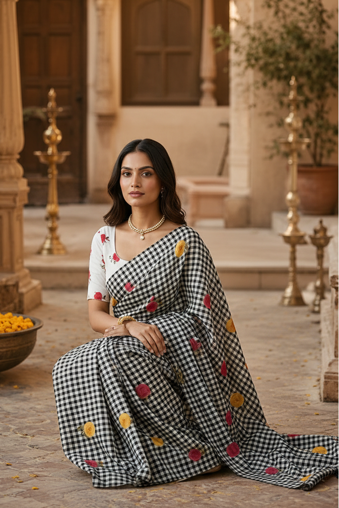 Linen Flora Chex Printed Saree With Unstitched Blouse(Grey)