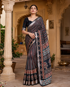 Tussar Silk Printed Saree With Unstitched Blouse(Black)