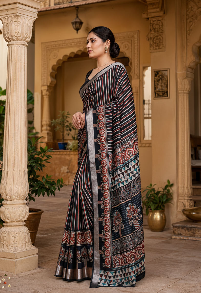Tussar Silk Printed Saree With Unstitched Blouse(Black)