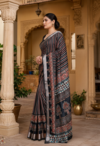 Tussar Silk Printed Saree With Unstitched Blouse(Black)