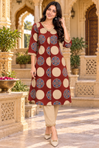 Cotton Printed Kurti Pant Two Piece Set(Red)