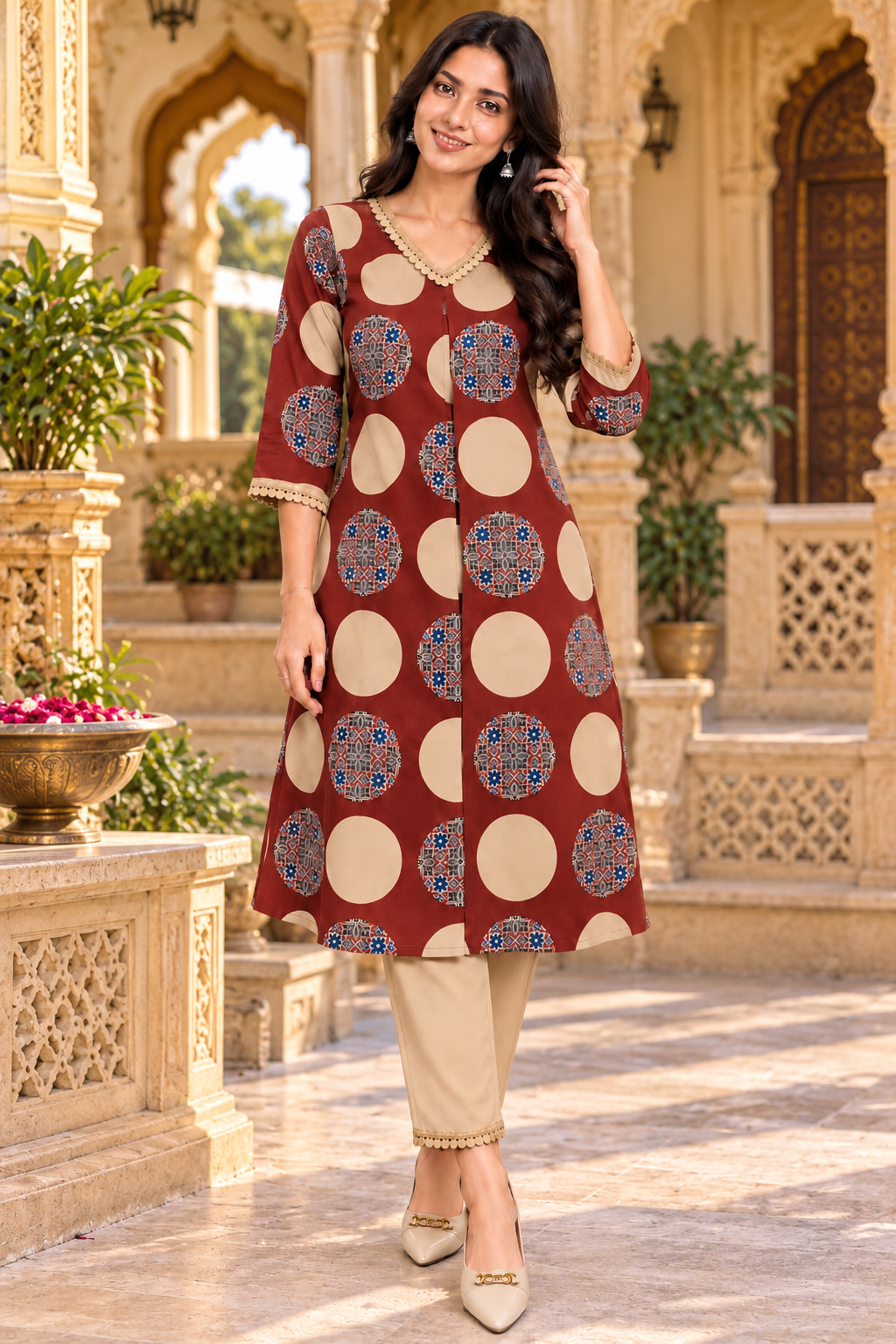 Cotton Printed Kurti Pant Two Piece Set(Red)
