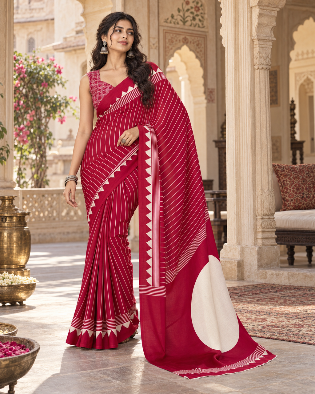 Satin Silk Ajrakh Printed Saree With Unstitched Blouse(Red)