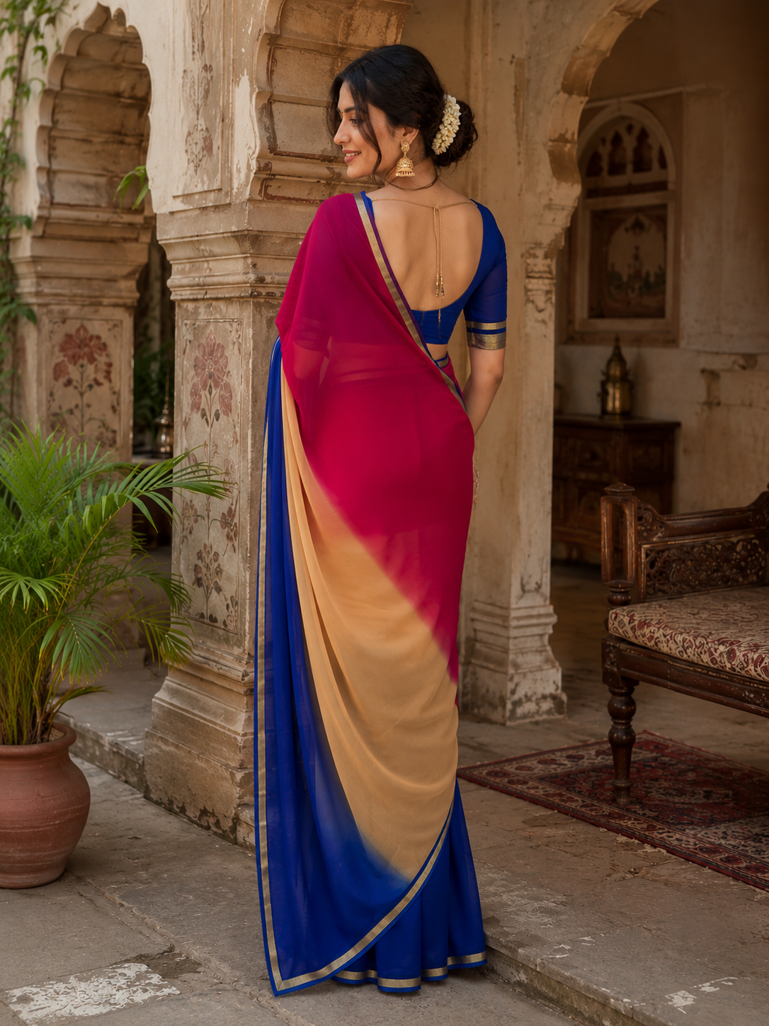 Georgette Printed Saree With Unstitched Blouse(Multicolor)
