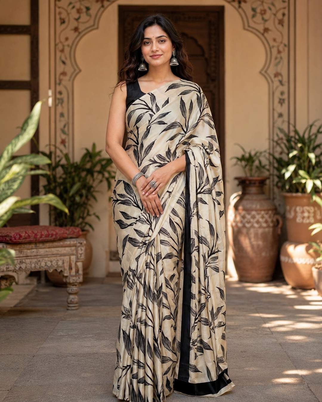 Satin Silk Printed Saree With Unstitched Blouse(White)
