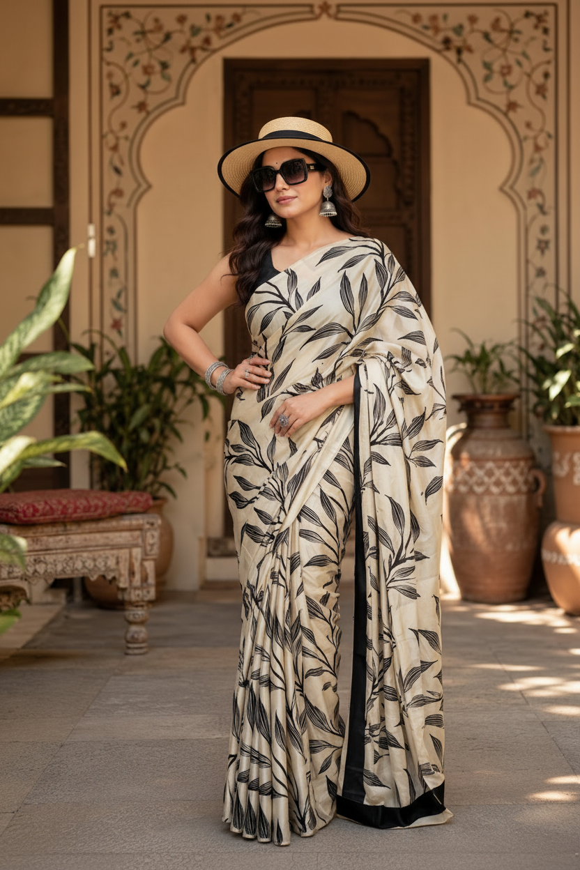 Satin Silk Printed Saree With Unstitched Blouse(White)