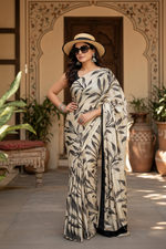Load image into Gallery viewer, Satin Silk Printed Saree With Unstitched Blouse(White)
