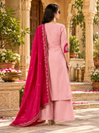 Roman Silk Anarkali Kurti Pant Set With Dupatta(Pink)