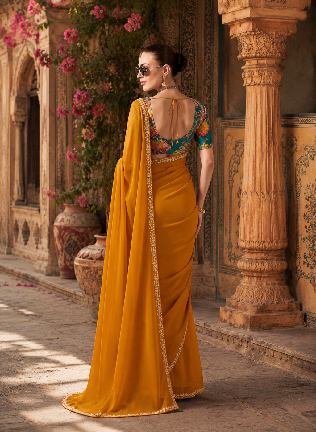 Premium Tissue Silk Embroidery Work Saree With Unstitched Blouse(Orange)
