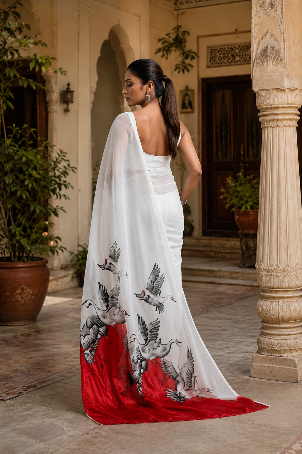 Swan Georgette Digital Print Saree Unstitched Blouse(White)
