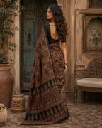 Satin Silk Ajrakh Printed Saree With Unstitched Blouse(Navy Blue)