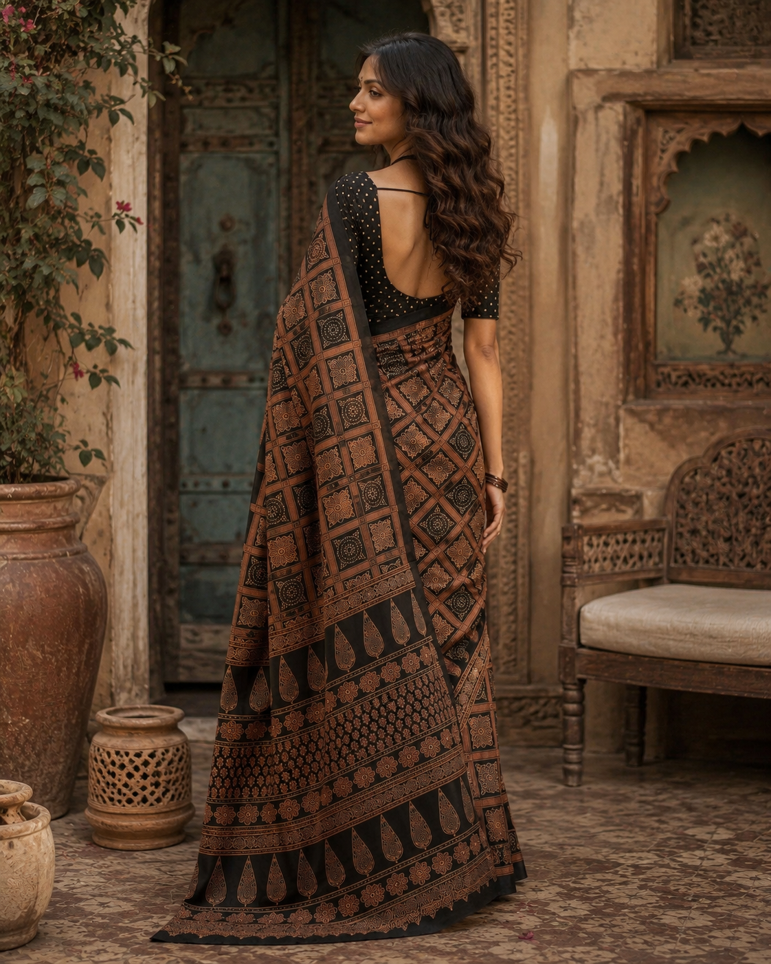 Satin Silk Ajrakh Printed Saree With Unstitched Blouse(Navy Blue)