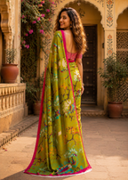 Mulmul Cotton Floral Printed Saree With Unstitched Blouse(Green)