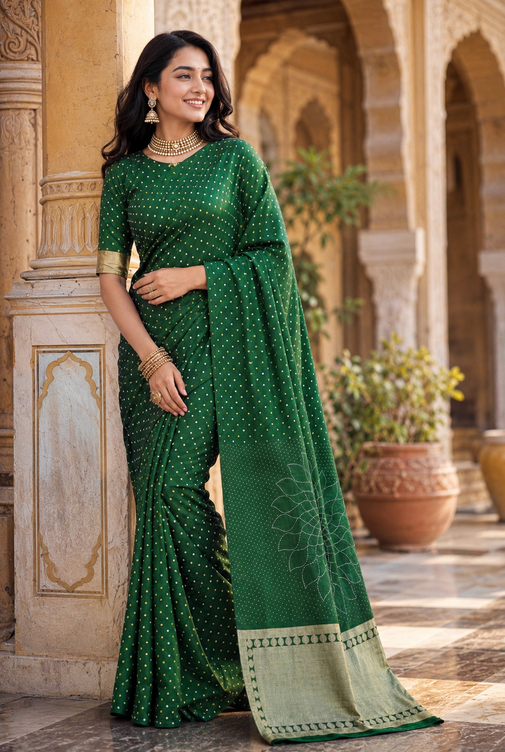 Satin Silk Bandhani Bhej Work Saree With Unstitched Blouse(Green)