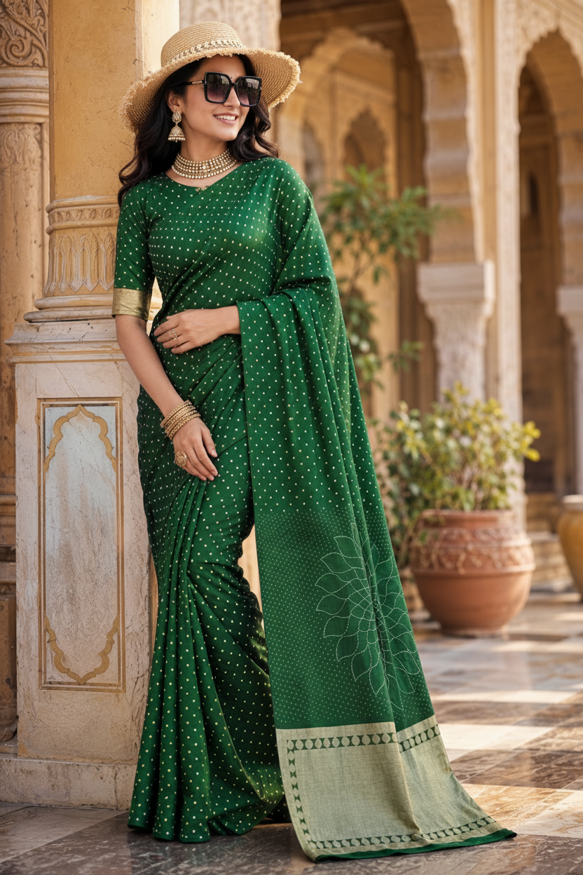 Satin Silk Bandhani Bhej Work Saree With Unstitched Blouse(Green)