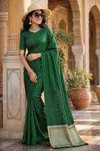 Satin Silk Bandhani Bhej Work Saree With Unstitched Blouse(Green)