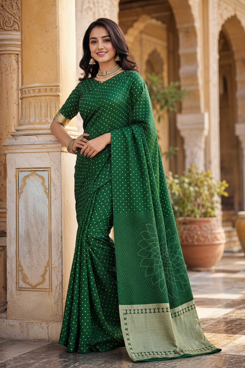 Satin Silk Bandhani Bhej Work Saree With Unstitched Blouse(Green)