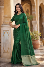 Satin Silk Bandhani Bhej Work Saree With Unstitched Blouse(Green)