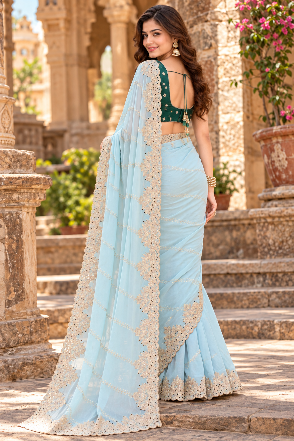 Rangoli Silk Embroidery Work Saree With Unstitched Blouse(Sky)