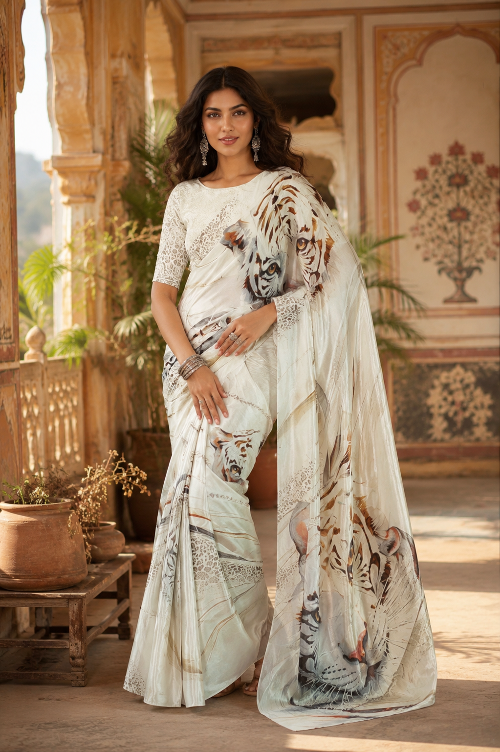 Satin Silk Digital Print Saree With Unstitched Blouse(White)