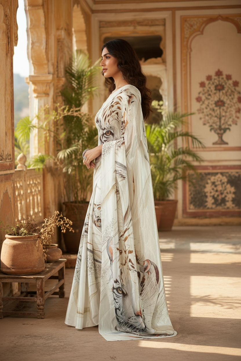 Satin Silk Digital Print Saree With Unstitched Blouse(White)